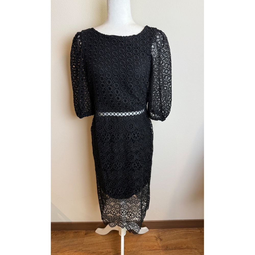 Express Black Floral Eyelet Lace Midi Dress Puff Sleeve Sheer Waist Size M